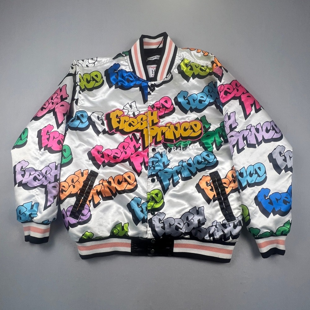 Headgear Classics‎ Fresh Prince Jacket Mens XL White Graffiti Satin Bomber 90s
